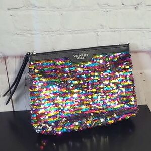 2016 Victoria's Secret Faux Leather Rainbow Silver Flip Sequin Makeup Travel Bag